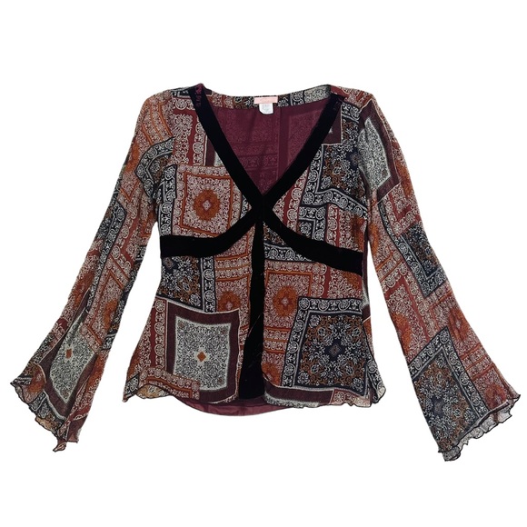 Y2K Blouse Fairy Long Sleeve Flared Silk Whimsigoth Boho Patterned Red Medium - Picture 4 of 8